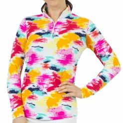 IBKUL Women's Matilda Print Long Sleeve Zip Mock Top